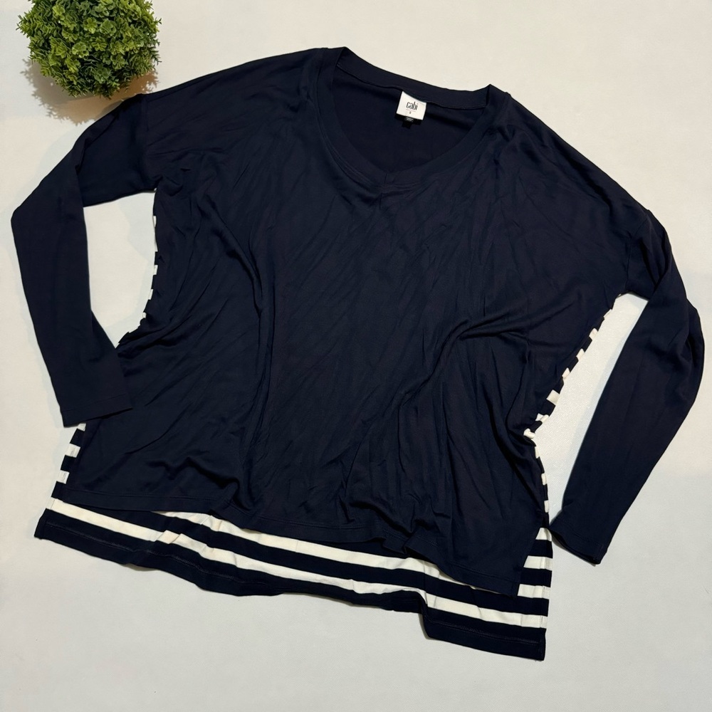 Cabi Lighthouse Navy Blue White‎ Stripe Jersey Knit Long Sleeve Nautical Top Tee